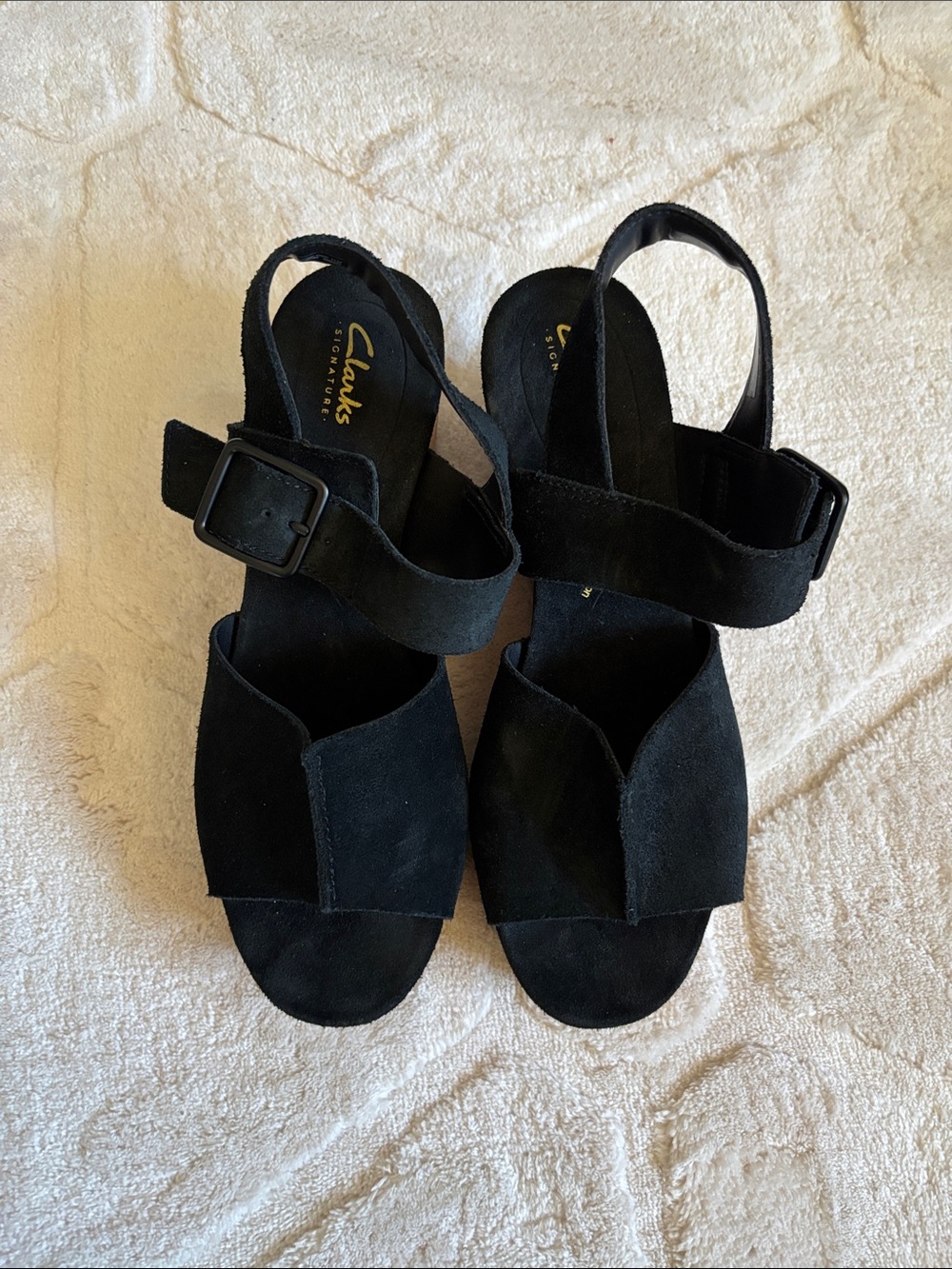 CLARKS Sabina Dream Black Suede Wedges